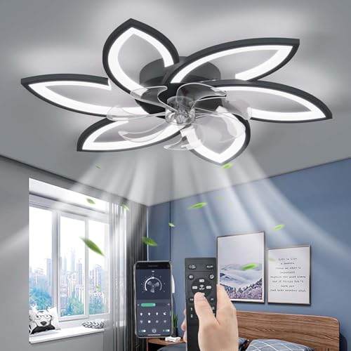 YUNZI Sourdine Ventilateur de plafond avec lumière avec télécommande, LED Dimmable Lampe de plafond Moderne Ventilateur de plafond pour Salon Chambre à coucher, Réglable 6 vitesses, Noir 78CM