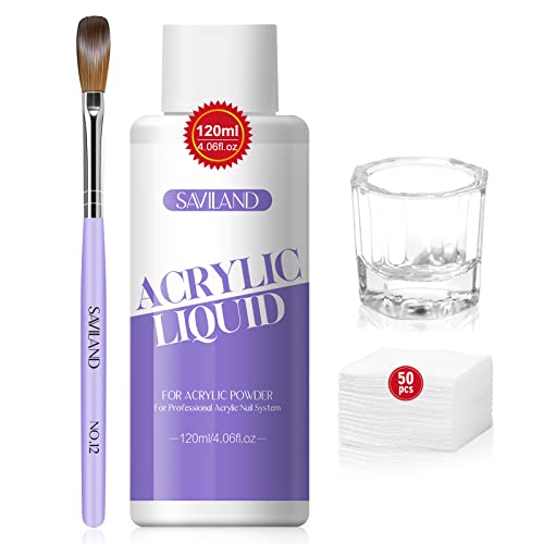 Saviland Kit Liquide Acrylique: 120ml Liquide Acrylique avec Pinceau Acrylic Professionel, Monomer pour Poudre Resine Nail Art, Extension Ongle