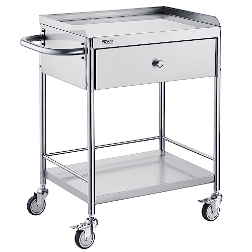 VEVOR Chariot de Laboratoire à 2 Étages Chariot à Service Médical 71x42x78,5 cm Desserte en Inox avec Tiroir Charge 100 kg Déplacement Silencieux pour Rangement Clinique Cuisine Hôtel Salon de Beauté