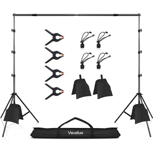 2,6 x 3 M Support de Toile de Fond + 8 Pcs Pince, Support de Fond Réglable avec 2 Sacs de Sable et 1 Sac de Transport pour Portrait Photo Studio Vidéo