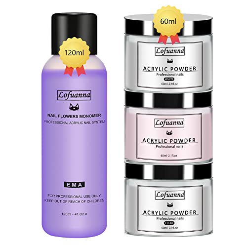Lofuanna Professionnelle Poudre Acrylique 60g Clair Blanc Rose 3 Couleurs,120ml Monomère Liquide Acrylique,Poudre Acrylique pour Ongles,Kit de Démarrage pour Salon de Manucure en Acrylique