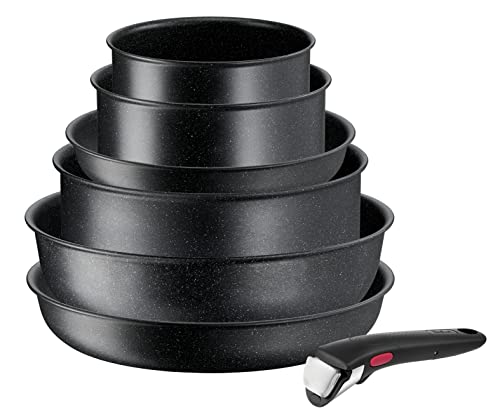 Tefal Ingenio Batterie de cuisine 7 pièces, Induction, Revêtement antiadhésif, Empilable, Gain de place, Indicateur de température, Cuisson saine, Fabriqué en France, Black Stone L3998702