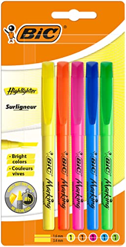 BIC Highlighter Surligneurs Pointe Biseautée, Pointe Fine, Couleurs Fluo Assorties, Blister de 5 surligneurs