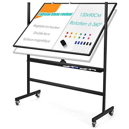 GOPLUS Tableau Blanc Effacable Hauteur Réglable 160-188CM, Tableau Blanc Magnétique Double Face Rotatif 360° Cadre en Aluminium, 1 Effaceur, 12 Aimants, 6 Marqueurs, Feuille de Papier