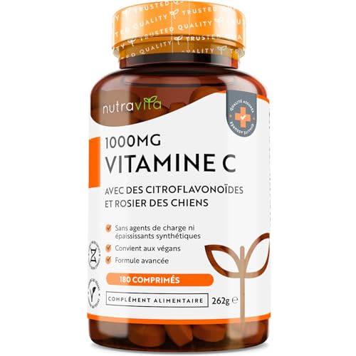 Vitamine C 1000mg - Cure de 6 Mois, 180 Comprimés Vegan - Contribue à réduire la Fatigue, au Fonctionnement Normal du Système Immunitaire et à la Formation de Collagene - Vitamin C - Nutravita