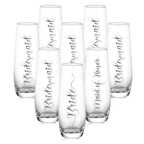 NUPTIO Lot de 8 flûtes à champagne sans pied pour fête prénuptiale - Verre à prosecco pour mariée, demoiselle d'honneur, demoiselle d'honneur, mariage - Argenté transparent