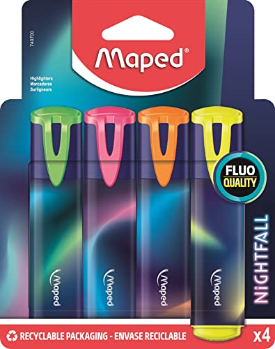 Maped - 4 Surligneurs Nightfall - Confort d'Écriture, Efficace sur Tous Types de Papier - Couleurs Lumineuses Jaune Fluo + Vert + Rose + Orange - Pochette Réutilisable 740700 Multicolore