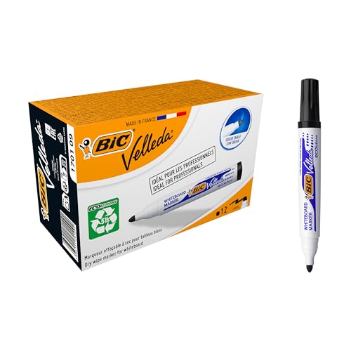 BIC Velleda 1701 ECOlutions Feutres pour Tableau Blanc Effaçables à Sec (Parfait pour l'Ecole et au Bureau / Pointe Conique Large) - Noir, Boîte de 12