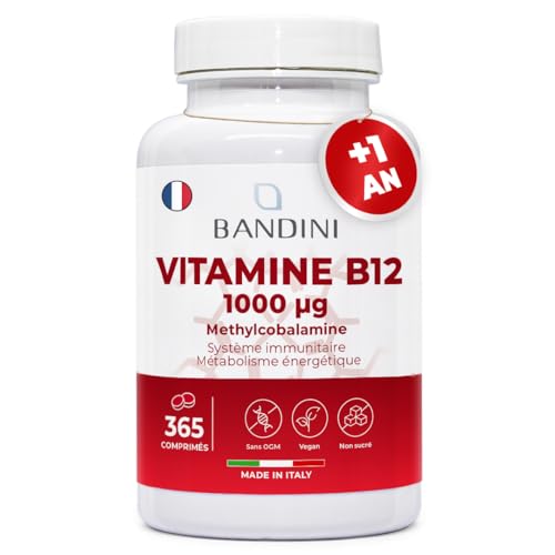 Bandini® Vitamine B12 Vegan 1000 mcg 365 Comprimés, 12 Mois d'Apport, Vitamin B 12 Méthylcobalamine Biodisponible Hautement Dosée, Pour Énergie, Immunité et Fatigue, 100% Végétalien Sans Additifs