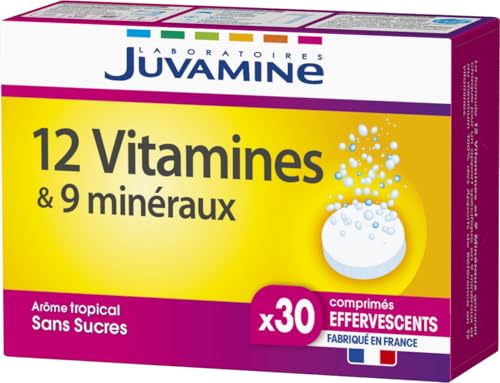 JUVAMINE - 12 Vitamines & 9 Minéraux - Fatigue - Stress - Vitamines C, B2, B3, B6, B9 et Fer - Programme de 30 jours - 30 Comprimés Effervescents - Arôme tropical - Fabriqué en France