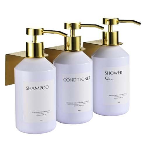 Janxin Lot de 3 Distributeur de Savon Mural, Distributeur de Savon Mural pour Douche, 500ml, Aucun Perçage Nécessaire, Mural, Blanc (Flacon Blanc + tête dorée)