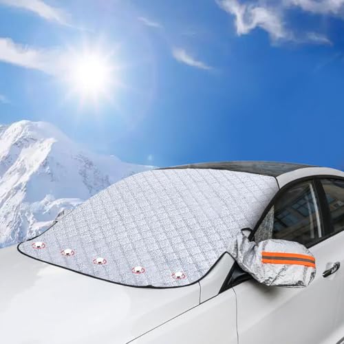 Couverture Pare-Brise Voiture avec 5 Aimant,Bache Pare Brise Protection Couverture Repliable,Protection Pare Brise Hiver,Voiture Protege Pare Brise Givre avec Couvercle de Rétroviseur,150 * 111CM