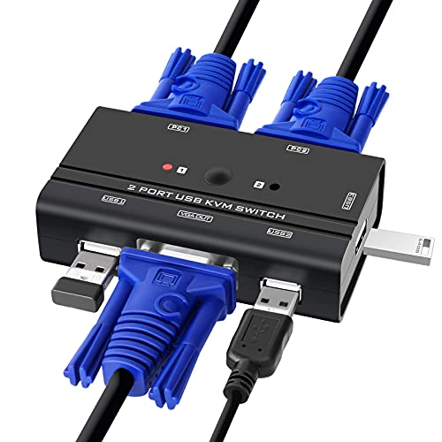 TCNEWCL Commutateur VGA KVM Switch, Commutateur KVM VGA et USB 2 Port, Brancher 2 pc sur 1 écran, 1080P, 3 Interface USB 2.0 pour Clavier, Souris, imprimante, Disque U, avec 2 câble KVM 2-in-1.