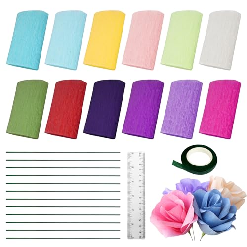 Rouleaux de papier crépon 12 couleurs – 10 x 250 cm avec ruban floral et fil de fer pour fleurs en papier, emballage cadeau, illustration florale, feuilles de couleurs assorties, fête d'anniversaire