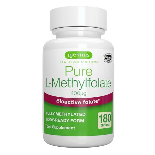 Pure L-Methylfolate 400 mcg, Acide Folique (vitamine B9) sous Forme Biodisponible, sans Additifs Indésirables, pour la Conception & Grossesse, 180 petits comprimés (6 mois), Vegan - par Igennus