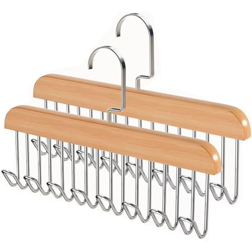 Lot de 2 porte-ceintures, en bois, avec 8 crochets, rotatifs à 360 °, gain de place, pour écharpes, cravates, ceintures (couleur bois)
