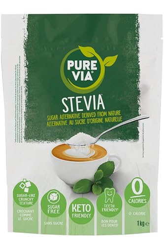 Pure Via - Poudre Cristallisée, Alternative au Sucre d’Origine Naturelle - Stévia, Zéro Calorie, 1 x 1Kg