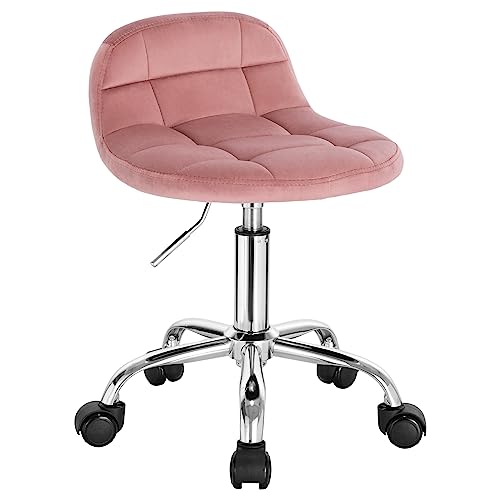 WOLTU Tabouret de Bureau, Tabouret avec Dossier, Chaise d'Ordinateur Pivotante à roulettes, Tabouret Réglable en Hauteur Entre 43,5 et 55cm, Tabouret Coiffeuse, en Velours Rose BS131rs