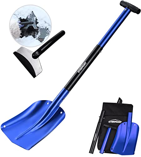 Overmont Pelle à Neige en Aluminium Réglable 3 Parties démontables avec Poche de Transport et Un grattoir de Voiture pour la Voiture d'hiver de Jardinage extérieur Rouge/Bleu/Or