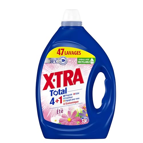 X•Tra Total - 47 lavages - Lessive liquide - 4 en 1 - Entretien du linge - Parfum été - Efficace dès 20°C - Propreté - Eclat - Fraîcheur - Economique - Emballage recyclable