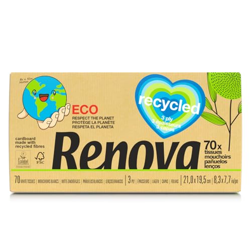 Renova Mouchoirs boîte Recyclé | 70 mouchoirs| emballage et papier recyclé | 3 plis blanc