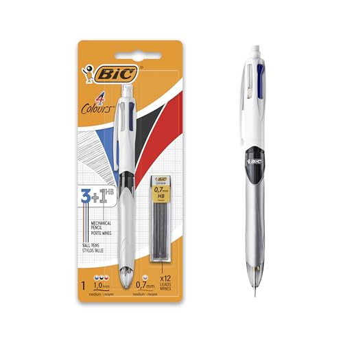 BIC 4 Couleurs 3+1 HB Stylo-Bille Rétractable et Porte-Mines, Parfait pour l'Ecole et au Bureau, Blister de 1 + 12 Mines 0,7 mm HB