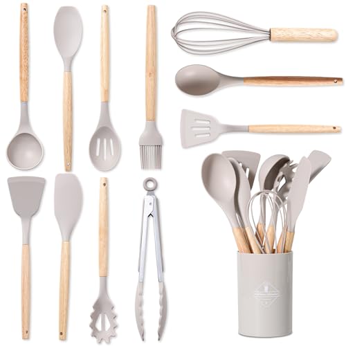 BASVII 12 Ensemble Ustensiles de Cuisine Silicone - Set Ustensile Cuisine en Silicone et Manche Bois, Résistants à Chaleur et Antiadhésifs - Cuisine Accessoires pour Tous Batteries de Cuisine (Kaki)