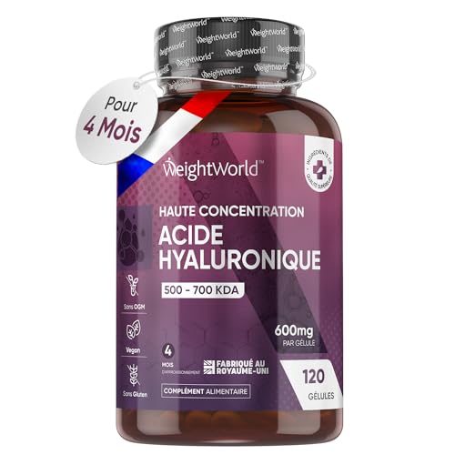 Acide Hyaluronique Pur de 600 mg x120 Gélules Végans Pour 4 Mois - Complément Alimentaire Cheveux, Peau, Yeux & Articulations - Hyaluronate de Sodium Soit Sel de l'Acide Hyaluronique en Gélules - UK