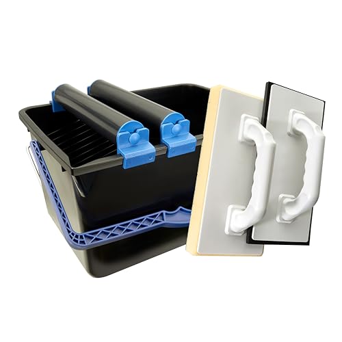 HELPMATE set de lavage de carreaux 5 pièces : seau en plastique de 12 litres, double rouleaux , taloche éponge et taloche à joints en plastique. Fabriqué en Allemagne