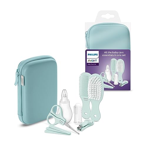 Philips Avent Kit de puériculture - Produits de puériculture avec 9 accessoires : coupe-ongles, ciseaux, 3 limes à ongles, peigne, brosse à cheveux, mouche-bébé, doigtier brosse à dents, SCH401/00