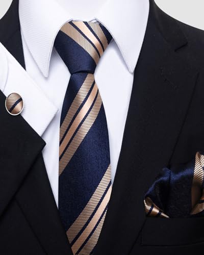 TPZORJX Ensemble de cravates pour hommes, ensemble de 3 pièces, cravate à carreaux rayée en soie avec boutons manchette carrés de poche, ensemble de pinces à cravate pour fête de mariage et affaires