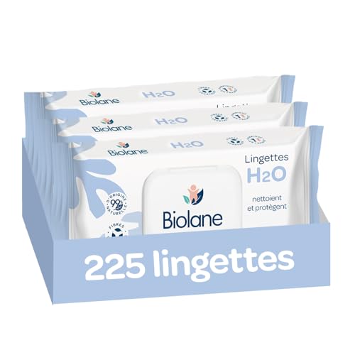 BIOLANE - Lingettes bébé à l'eau - 225 Lingettes - Lot de 3x75 - Nettoyage doux et efficace - Dès la naissance - Qualité Française