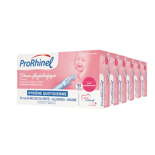 Prorhinel Lot de 6 Sérums Physiologiques. Hygiène Quotidienne pour Nez Sec ou Irrité, Allergie et Rhume. 180 Unidoses. Fabriqué en France