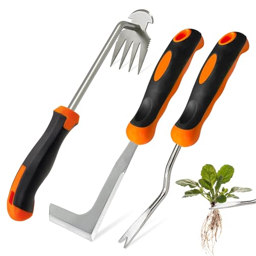 ROLLWAY 3 Pièces Désherbeur Manuel Acier Inoxydable Arrache Mauvaise Herbe, Arrache Pissenlit Couteau Désherbeur Désherbeurs Manuels Tire Racine Outils Jardinage Grattoir Jardin Rateau de Désherbage
