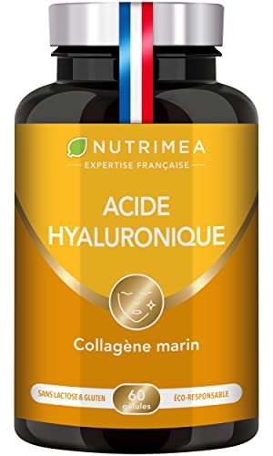 COLLAGENE MARIN & ACIDE HYALURONIQUE PUR - Riche en Vitamines A & C - Anti Rides 100% Naturel - Anti Age & Articulations - Agit en Profondeur - 60 Gélules Vegan - Nutrimea - Fabriqué en France