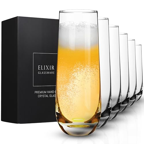 Stemless Champagne Flutes - Crystal Glass Flutes, Hand Blown - Set of 6 Stemless Mimosa Glasses, Premium Crystal - Gift for Bridal Shower, Wedding, Bachelorette Party - 8oz, Clear