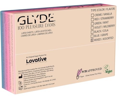 Glyde Dams Mix Lot de 100 lingettes de protection en latex colorées parfumées (cola, fraise, vanille, fraise des bois), jaune, violet, rose, noir, 25cm x 15cm