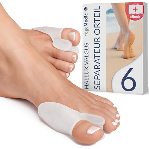 YogaMedic® Correcteur Hallux Valgus & Séparateur Orteil, Détente du Gros Orteil, Étirement 6 pcs Ecarteur d'orteil - 0 % BPA - Silicone - Taille Unique, Protection Orteils se Chevauchant Unisexe