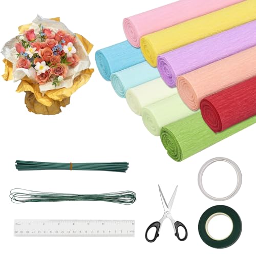 XINGNA 10 Rouleaux de Papier Crepon,Papier Crépon De Couleur,25 x 250 cm Papier Crépon Bande avec Fil Floral et Ruban de Fleuriste, Serpentins en Papier Crépon pour la Fabrication de Papier Floral DIY