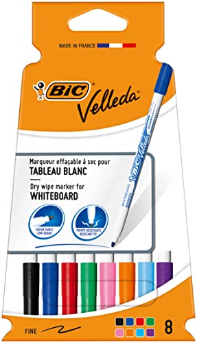 BIC Velleda 1721 Feutres Effaçables A Sec à Pointe Fine pour Tableau Blanc – Couleurs assorties, Pack Carton de 8