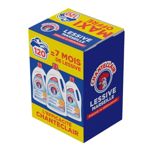 Chanteclair - Lessive Liquide Concentrées Marseille, Enrichie au Dégraissant, Ultra Détachantes et Efficaces aussi à Froid, 40 lavages - 1800 ml x 3