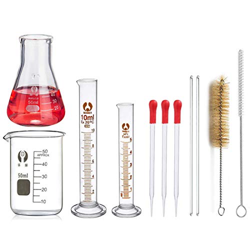 Flacons Erlenmeyer en Verre, JESSTOLO 50 ml Flacon Conique En Verre, 50ml Bécher en Verre, 10ml/5ml Cylindre Graduées, 2 Brosses de Nettoyage, 3 Eprouvette en Verre et 2 Agitateurs en Verre