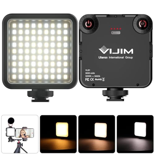 Lumière Caméra, LED Lampe avec 3 Cold Shoe, Eclairage Video Rechargeable 3000mAh, Lumiere Photo Professionnelle CRI95+Dimmable 3200K-5600K pour Tournage Vlog VL81 LED USB