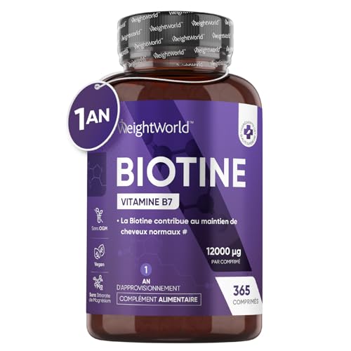 Biotine Cheveux 12 000 mcg Pure - 365 Comprimés Vegan - Cheveux, Barbe & Peau - Vitamine B7/B8 - Dosage Élevé, Sans Stéarate de Magnésium et Sans Excipient - Beauté Intérieure et Extérieure