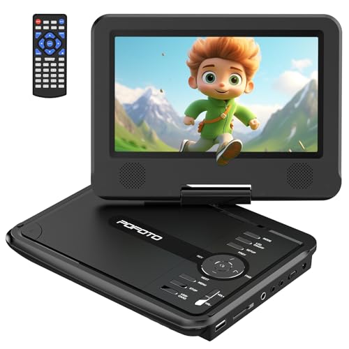 POFOTO Lecteur DVD Portable 9,5' avec écran pivotant HD 7,5' pour Voiture et Enfants, Autonomie 4-6 Heures, Support Multiformat Disques/SD/USB, Synchro TV, Deux Haut-parleurs, avec Chargeur Voiture