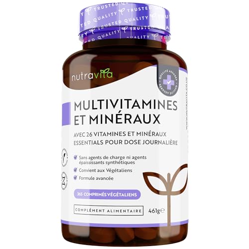 Multivitamines et Minéraux - 365 Comprimés (12 Mois) 26 Nutriments dont Zinc Fer Selenium Vitamine C A B D3 E K - Vitamines, Minéraux et Compléments Vegan Haute Absorption - Nutravita