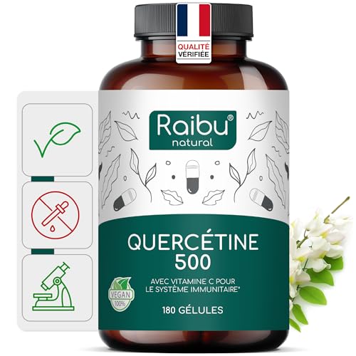 Quercétine, 180 Gélules pour 6 Mois - 500 mg par Gélule, Quercétine issue des Fleurs de Sophora Japonica - Flavonoïdes Haute Biodisponibilité - Testé en laboratoire, Sans Additifs - RAIBU