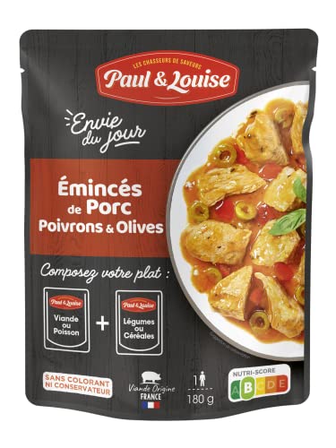 Paul & Louise Envie Du Jour - Emincés de porc, poivrons & olives 180g - Sachet micro ondable - Prêt en 2 min - À combiner avec nos sachets d'accompagnements - Légumineuses ou Céréales
