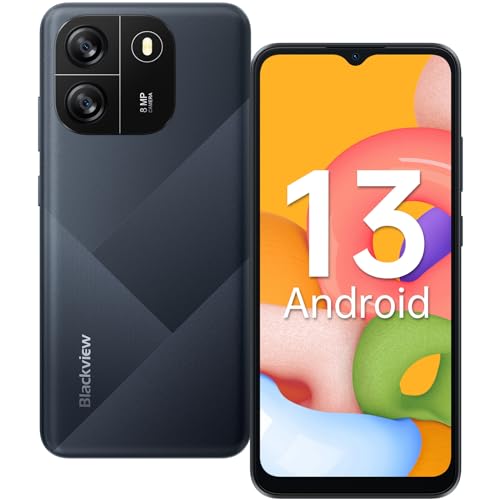 Blackview WAVE 6C Android 13 téléphones portables débloqués, Écran 6.5' Smartphones Pas Cher 4G, 4Go+32Go/SD-1To, Batterie 5100mAh, Octa core, 8MP+5MP/Double SIM/Face ID/GPS/2Ans de Garantie-2024 Noir