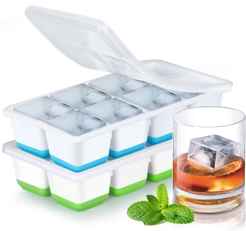 Grand Bac a Glacon, JRISBO 2 Pack Bac à Glaçons en Silicone avec Couvercle pour Boissons, Whisky et Nourriture Bébé, Moule a Glacon Empilable Reutilisable Sûr, Faciles à Retirer (Vert + Bleu)